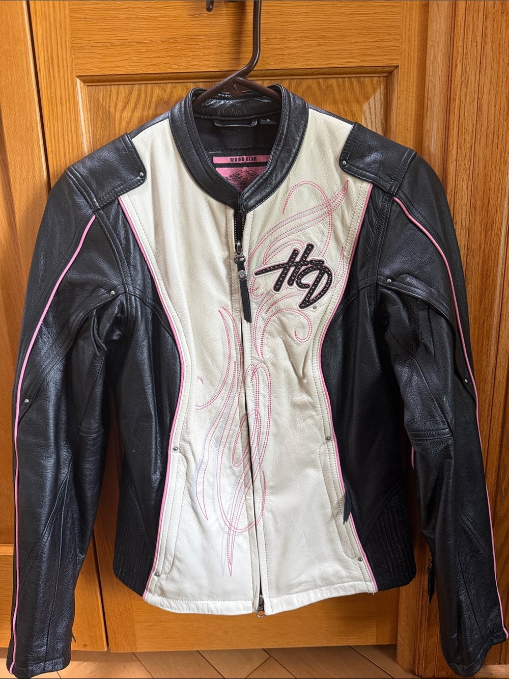 Harley-Davidson Black and White Leather Motorcycle Jacket with Pink Accents
